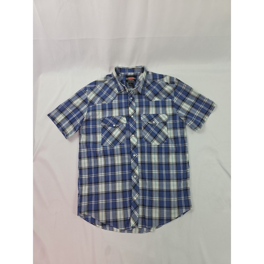 American Fusion Gear Pearl Snap Blue Plaid Men's Shirt Short Sleeve Plaid Large